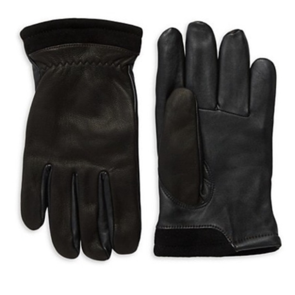 UGG Black Leather Faux Fur Lined Captain Tech Gloves Sz L Touchscreen Compatible